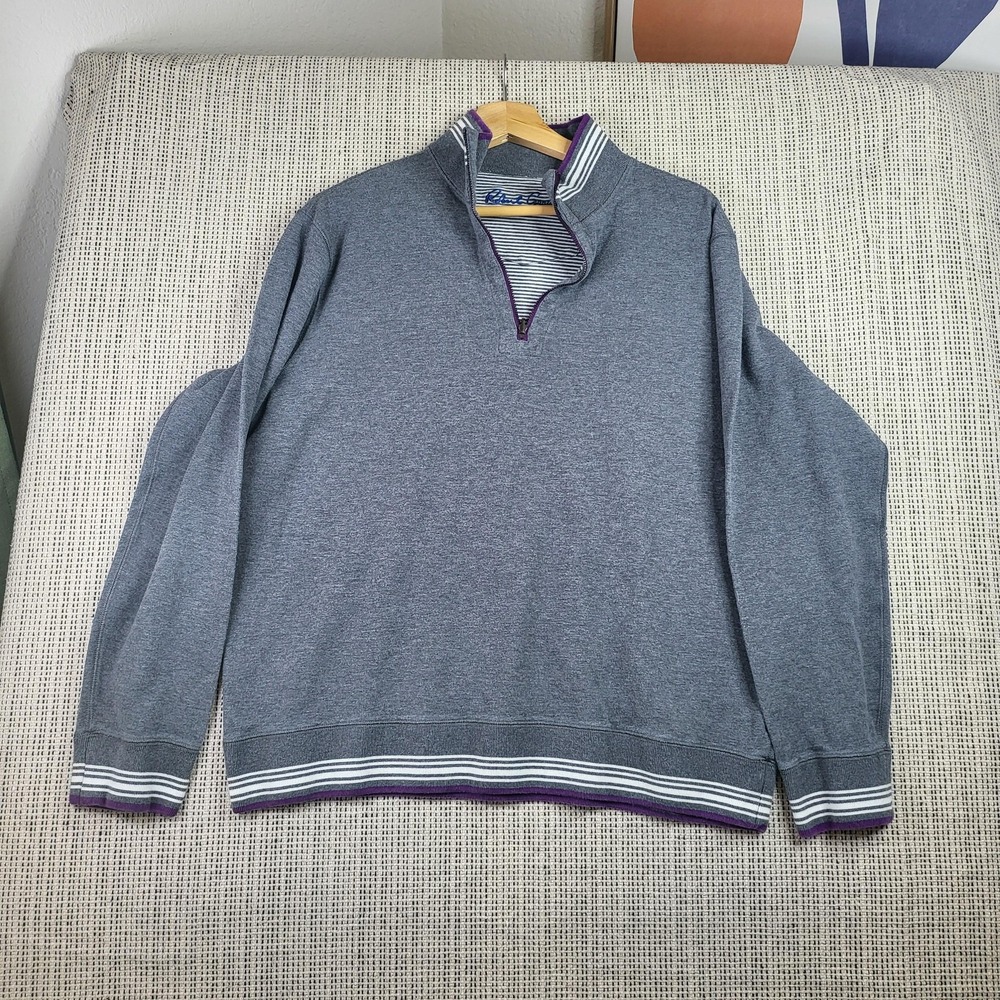 Robert Graham Sweater Mens‎ M  Gray Striped Trim Pullover 100% Cotton
